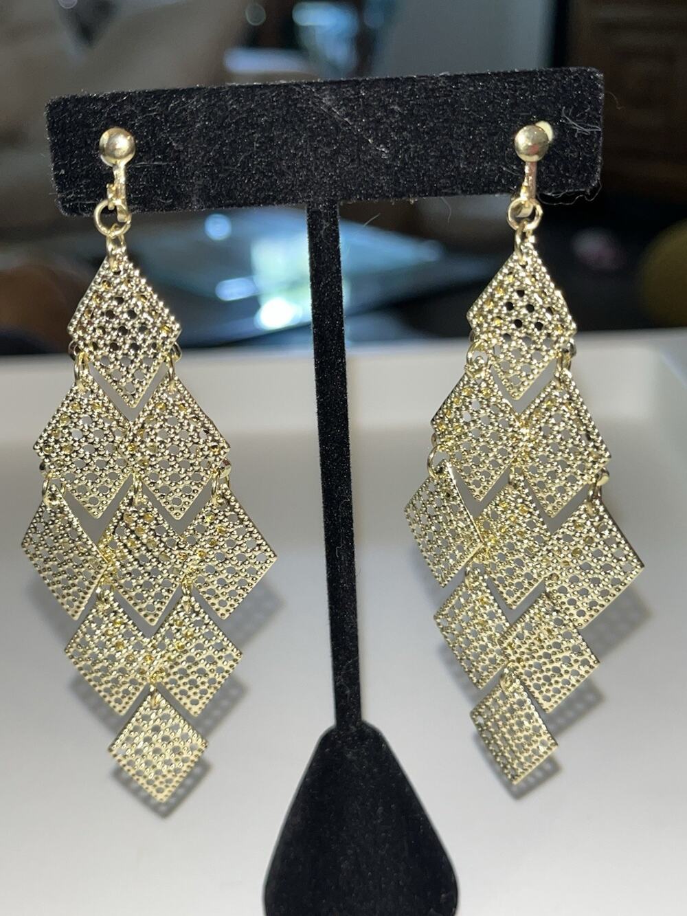 Clip on Gold 3 1/2” Dangle Earrings Layered Pinhole Diamond Cut Design (2)